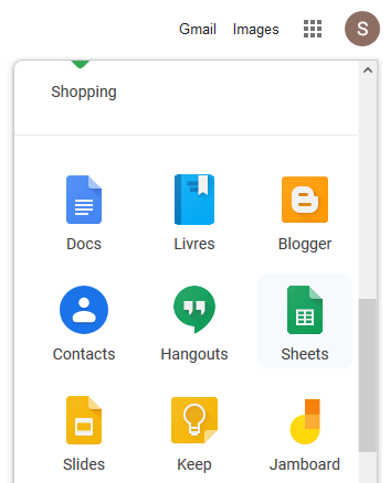 Application Google Sheets dans le menu Google Apps