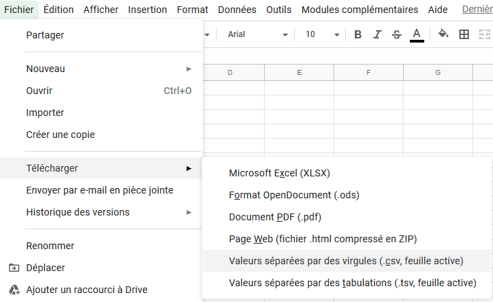 Zone d'import de fichier Google Sheets