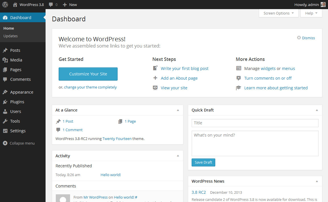 Dashboard de l'administration de wordpress